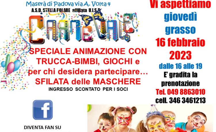 Festa di Carnevale Giovedì Grasso 16 febbraio 2023 dalle 16 alle 19